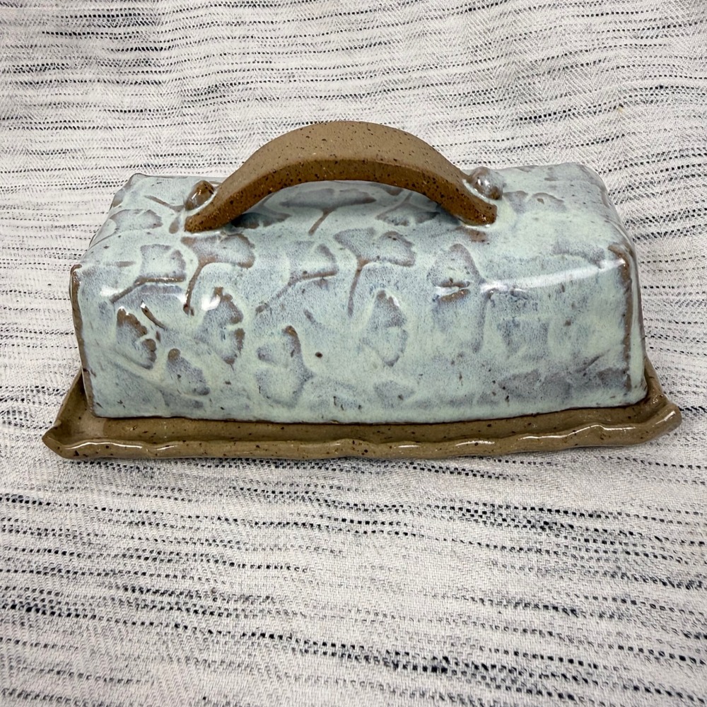 Handmade Ceramic Gingko Leaf Butter Dish White Squirrel Clayworks Cottagecore